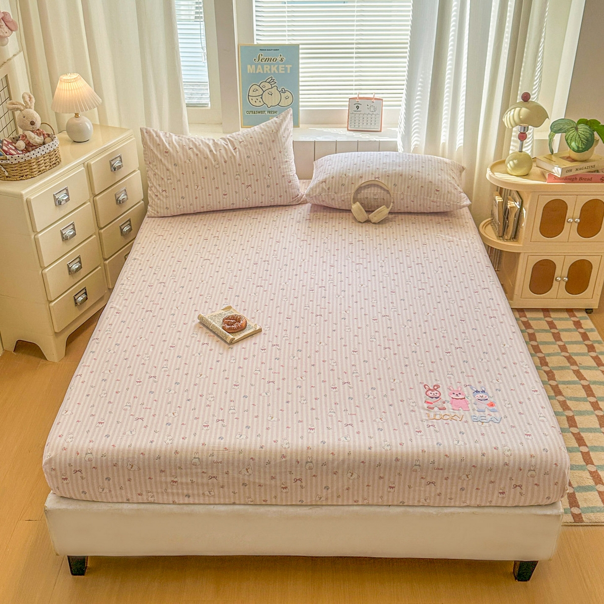 易辰美 2026新款13372全棉纯棉印花卡通床笠单品床笠单件单床笠 三只兔子