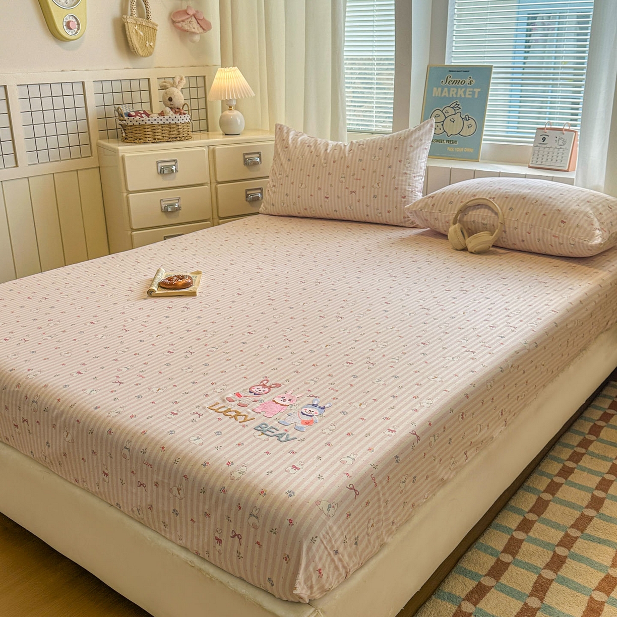 91家纺网 家纺一手货源 找家纺 易辰美 2026新款13372全棉纯棉印花卡通床笠单品床笠单件单床笠 三只兔子