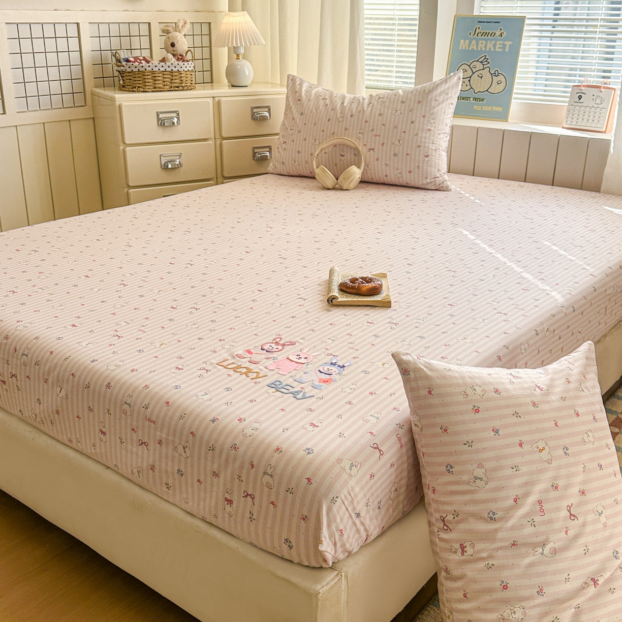 91家纺网 家纺一手货源 找家纺 易辰美 2026新款13372全棉纯棉印花卡通床笠单品床笠单件单床笠 三只兔子