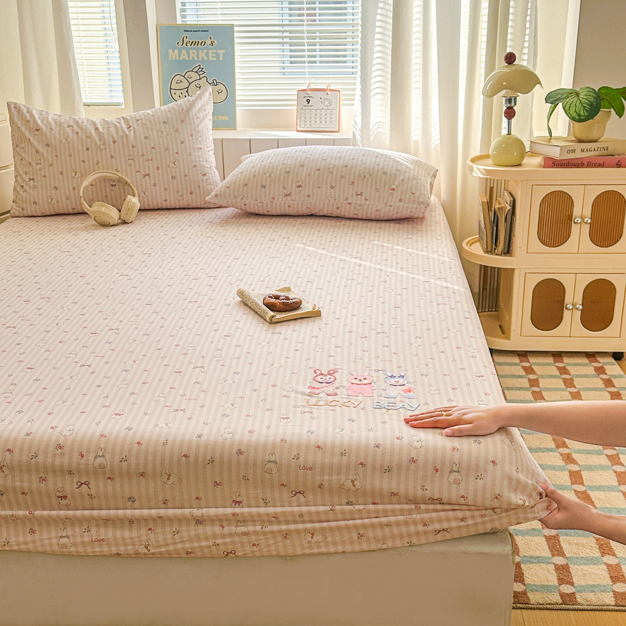 91家纺网 家纺一手货源 找家纺 易辰美 2026新款13372全棉纯棉印花卡通床笠单品床笠单件单床笠 三只兔子