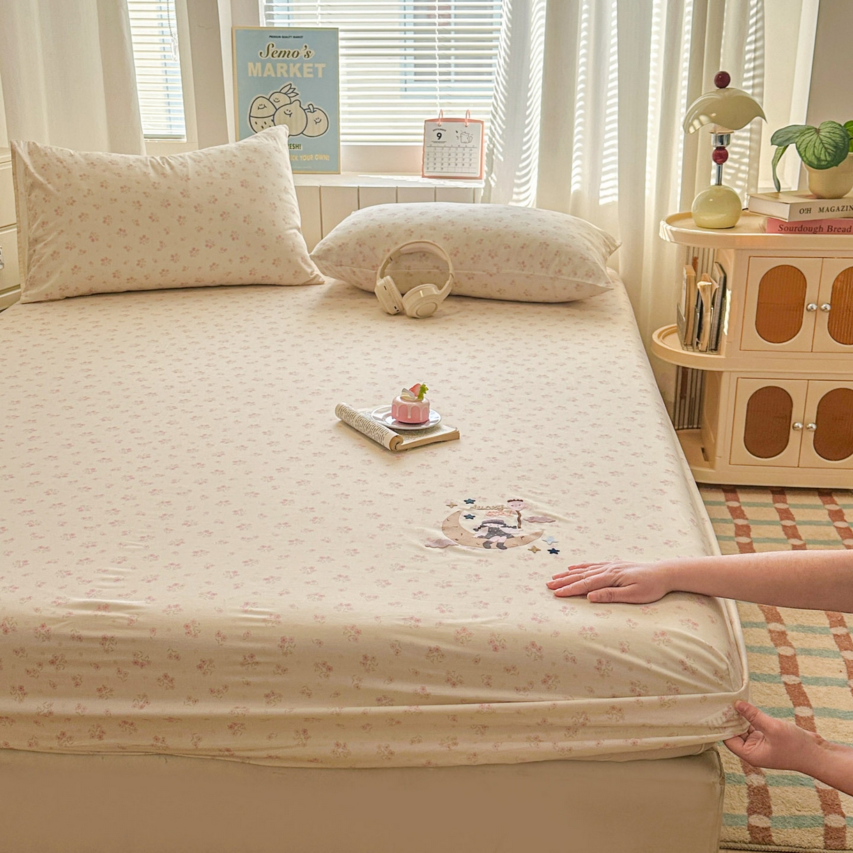 91家纺网 家纺一手货源 找家纺 易辰美 2026新款13372全棉纯棉印花卡通床笠单品床笠单件单床笠 月亮女孩（一）