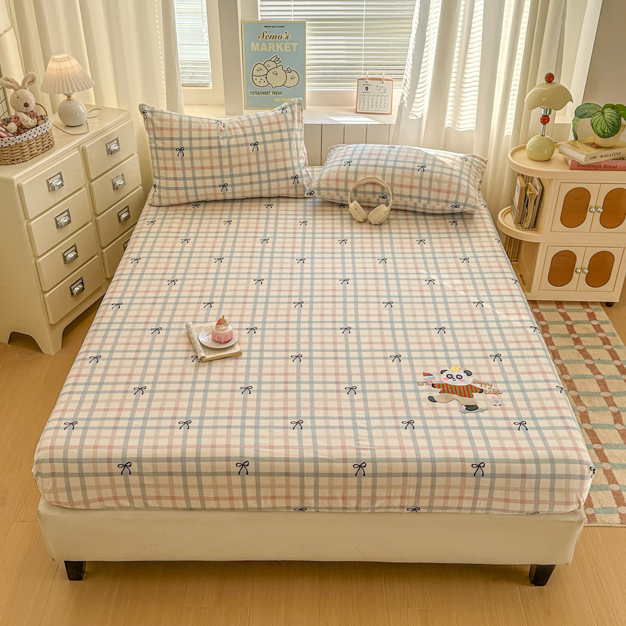 易辰美 2026新款13372全棉纯棉印花卡通床笠单品床笠单件单床笠 红蓝熊猫