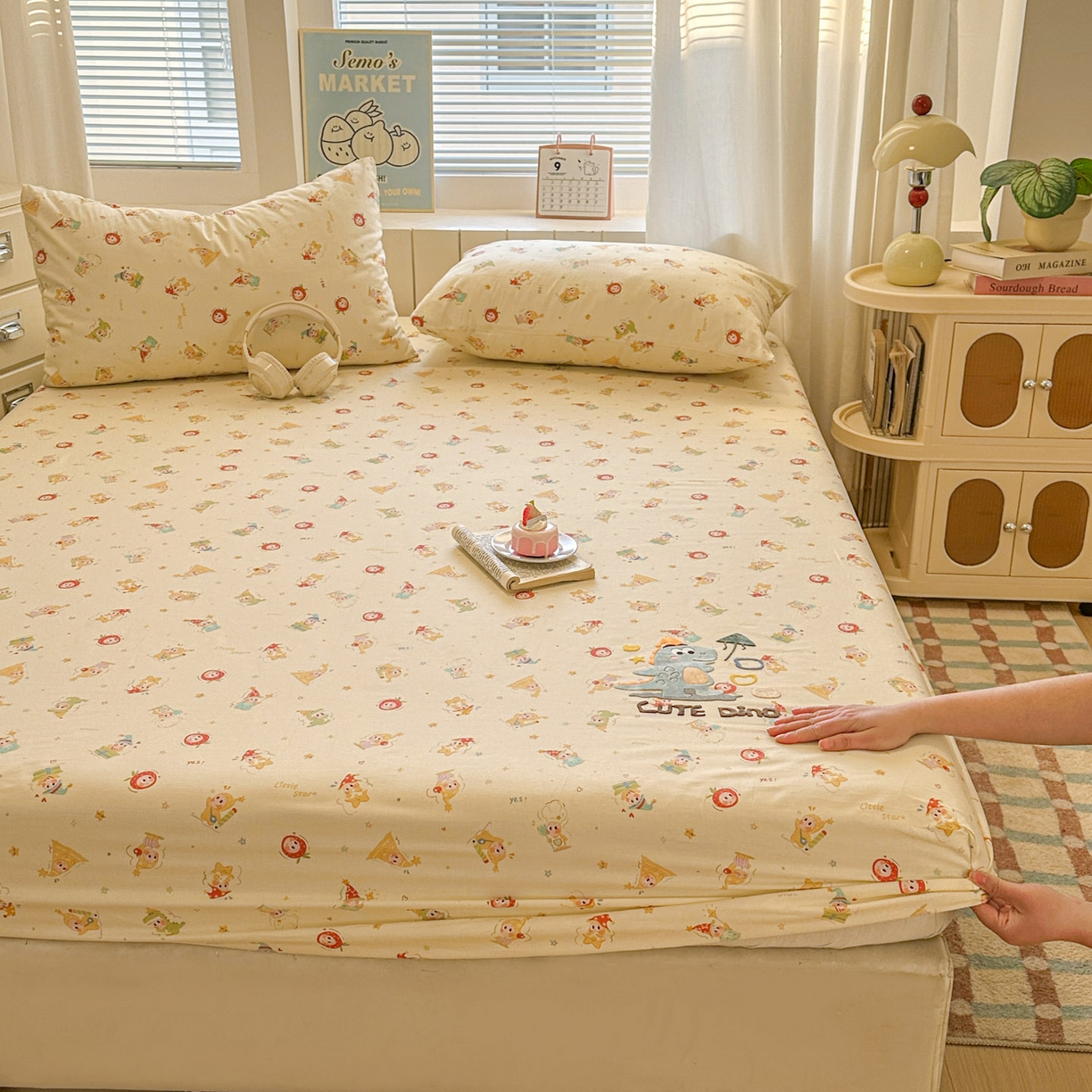 91家纺网 家纺一手货源 找家纺 易辰美 2026新款13372全棉纯棉印花卡通床笠单品床笠单件单床笠 星星恐龙