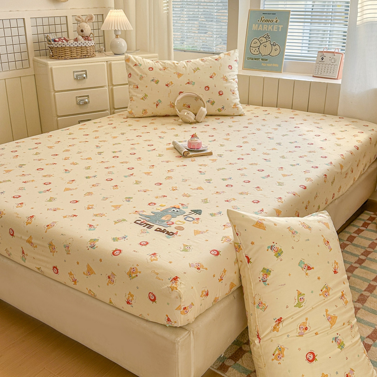 91家纺网 家纺一手货源 找家纺 易辰美 2026新款13372全棉纯棉印花卡通床笠单品床笠单件单床笠 星星恐龙