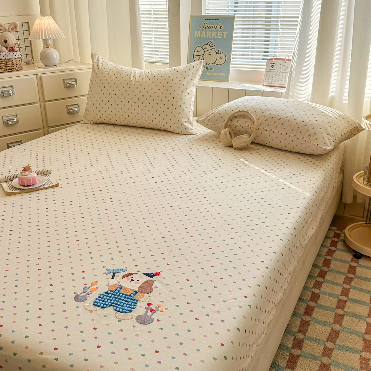 91家纺网 家纺一手货源 找家纺 易辰美 2026新款13372全棉纯棉印花卡通床笠单品床笠单件单床笠 叉鱼小狗