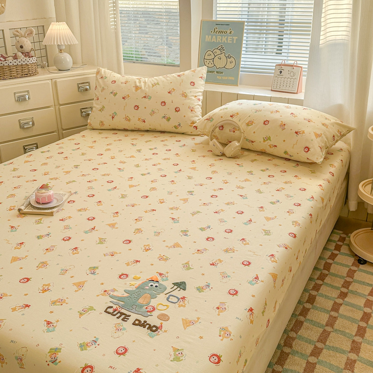 91家纺网 家纺一手货源 找家纺 易辰美 2026新款13372全棉纯棉印花卡通床笠单品床笠单件单床笠 星星恐龙