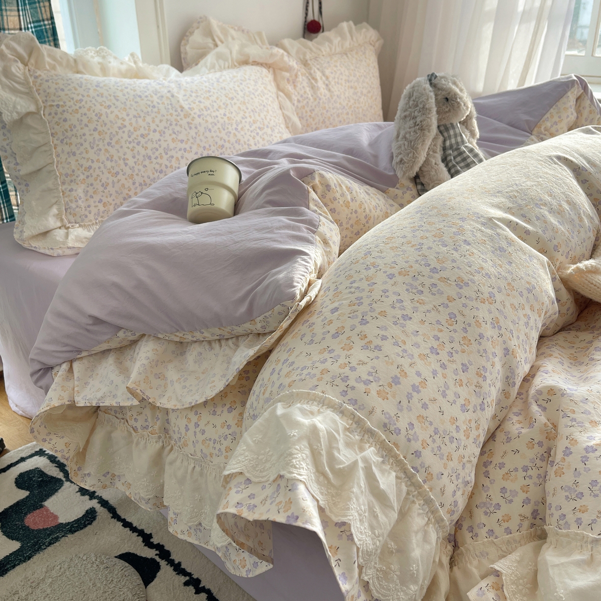 韩都家居 2026春夏新款古法仿棉蕾丝花边四件套 芋泥碎花