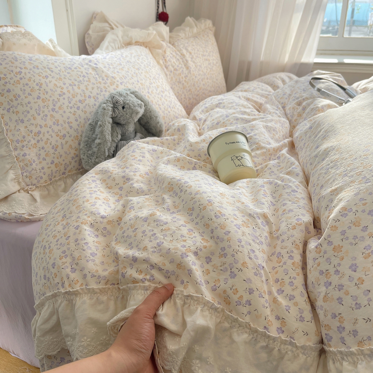 91家纺网 家纺一手货源 找家纺 韩都家居 2026春夏新款古法仿棉蕾丝花边四件套 芋泥碎花