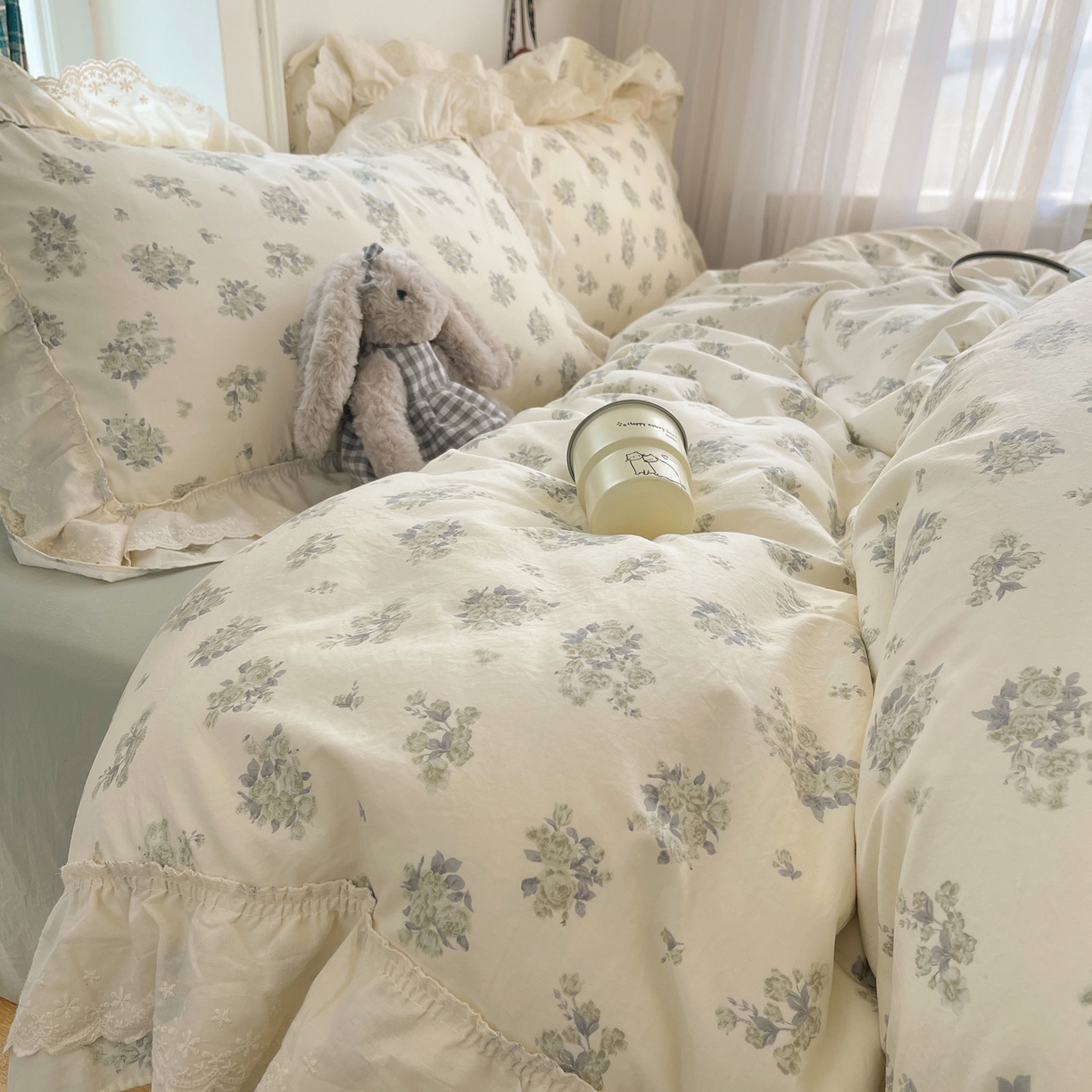 91家纺网 家纺一手货源 找家纺 韩都家居 2026春夏新款古法仿棉蕾丝花边四件套 青提碎花