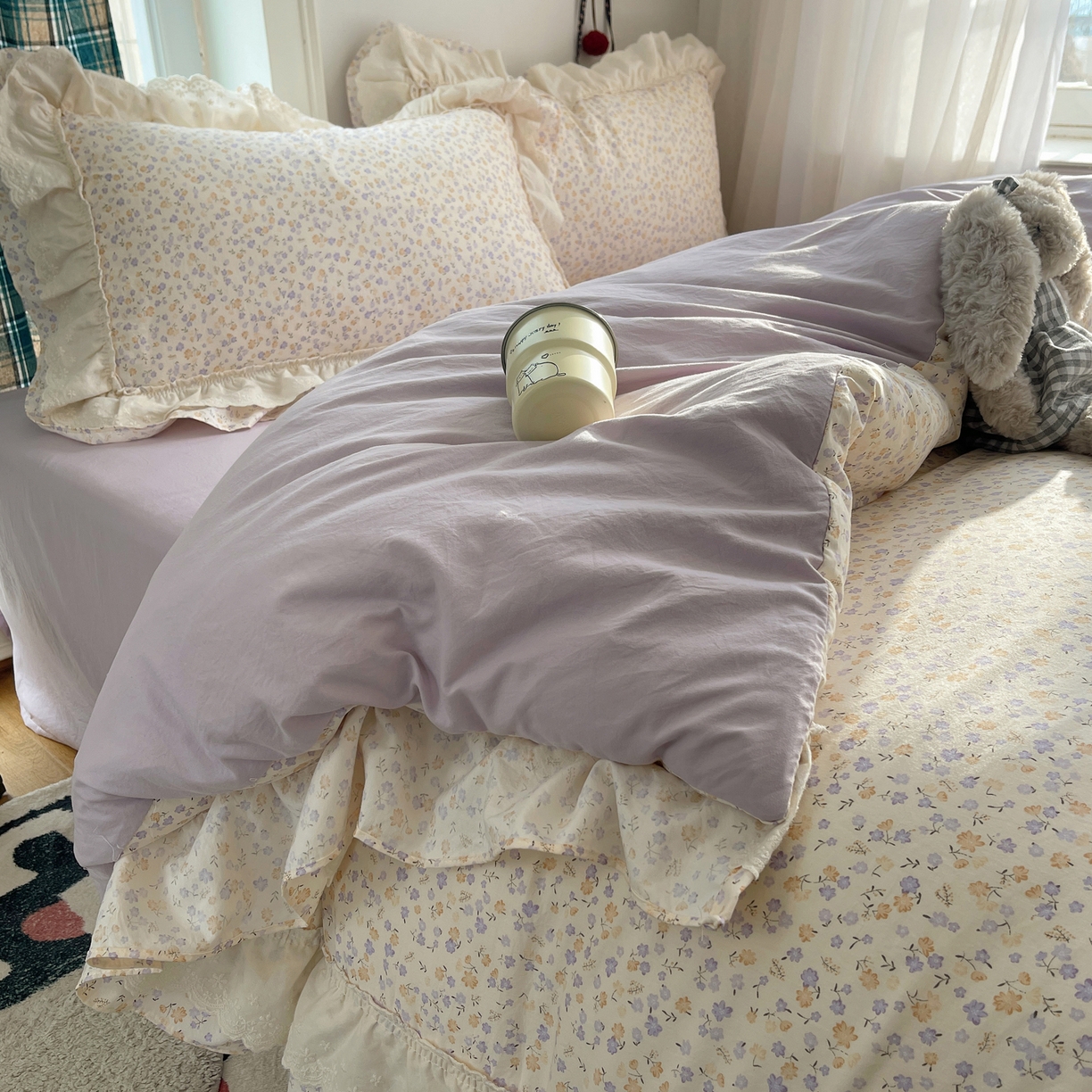 91家纺网 家纺一手货源 找家纺 韩都家居 2026春夏新款古法仿棉蕾丝花边四件套 芋泥碎花