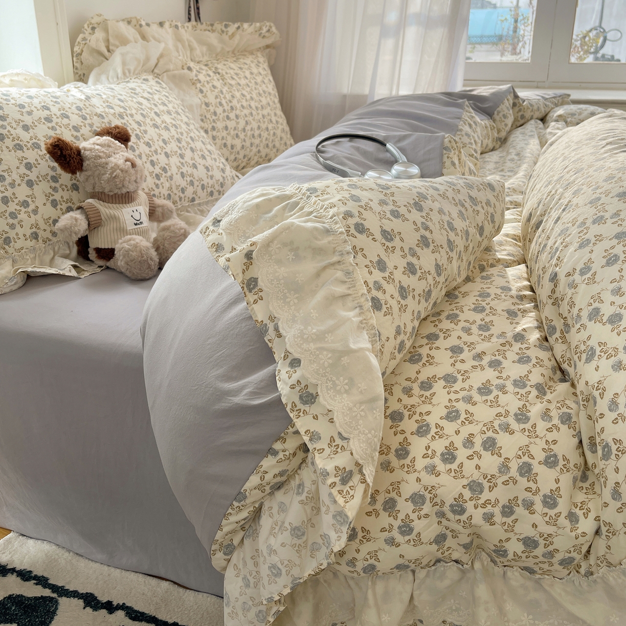 91家纺网 家纺一手货源 找家纺 韩都家居 2026春夏新款古法仿棉蕾丝花边四件套 蕾丝花漾