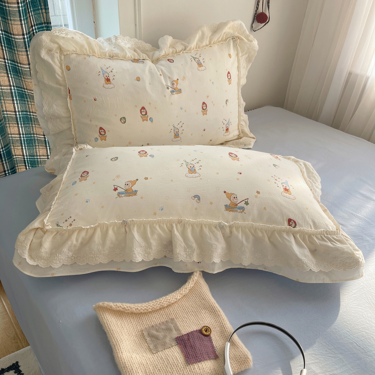 91家纺网 家纺一手货源 找家纺 韩都家居 2026春夏新款古法仿棉蕾丝花边四件套 蓝调小顽家