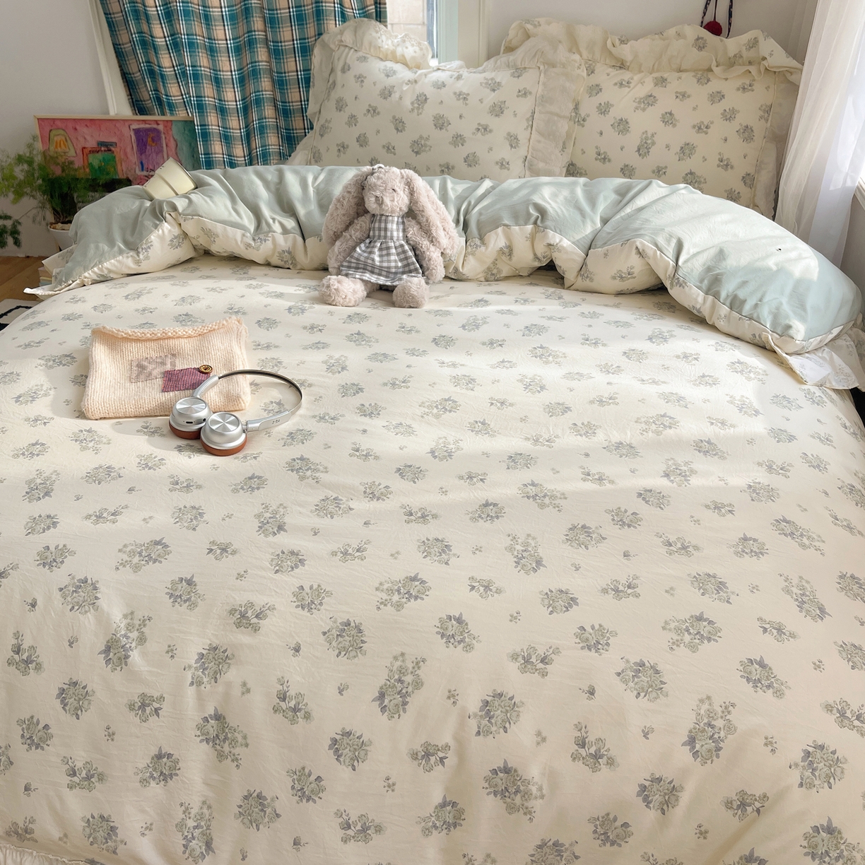 91家纺网 家纺一手货源 找家纺 韩都家居 2026春夏新款古法仿棉蕾丝花边四件套 青提碎花