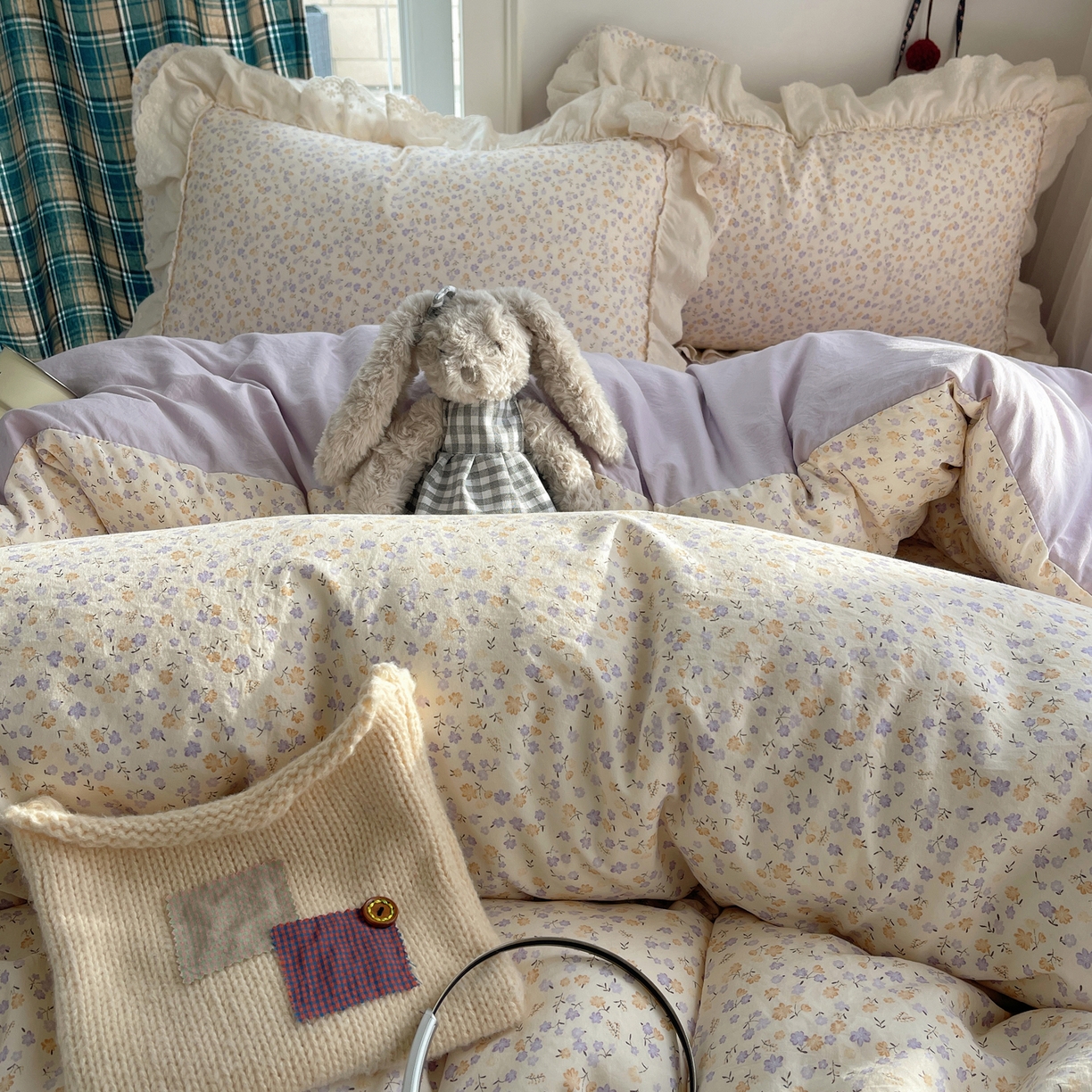 91家纺网 家纺一手货源 找家纺 韩都家居 2026春夏新款古法仿棉蕾丝花边四件套 芋泥碎花