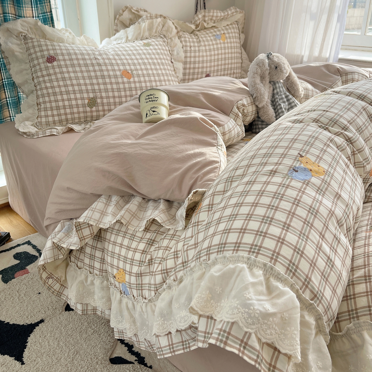 91家纺网 家纺一手货源 找家纺 韩都家居 2026春夏新款古法仿棉蕾丝花边四件套 花边南瓜