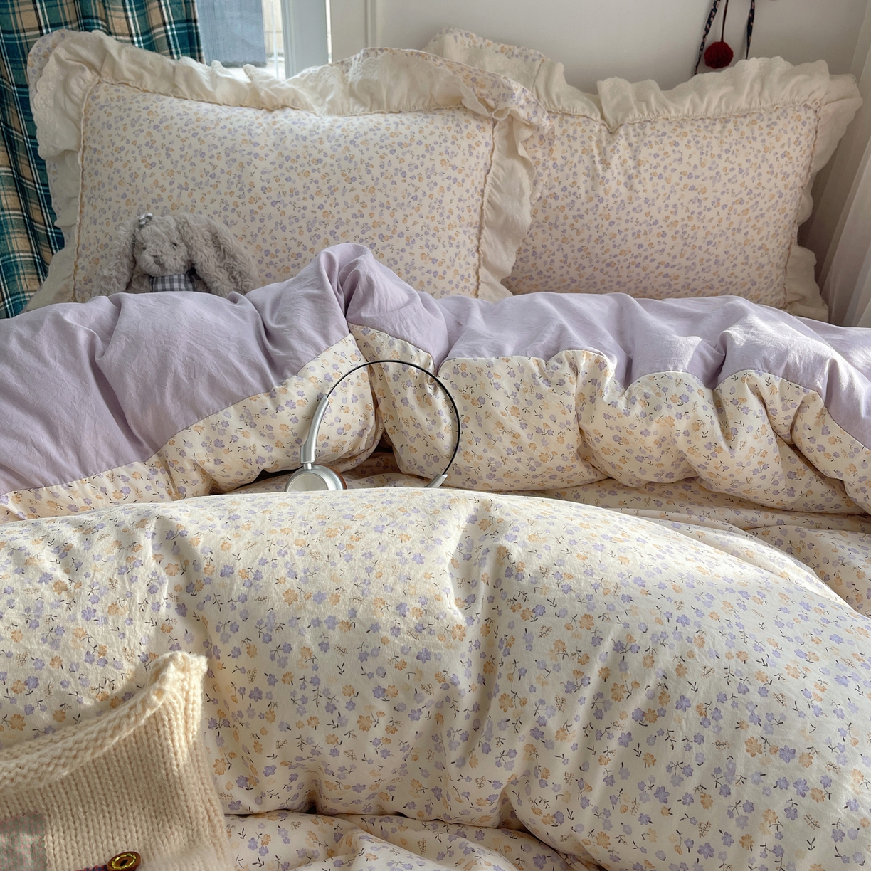 91家纺网 家纺一手货源 找家纺 韩都家居 2026春夏新款古法仿棉蕾丝花边四件套 芋泥碎花