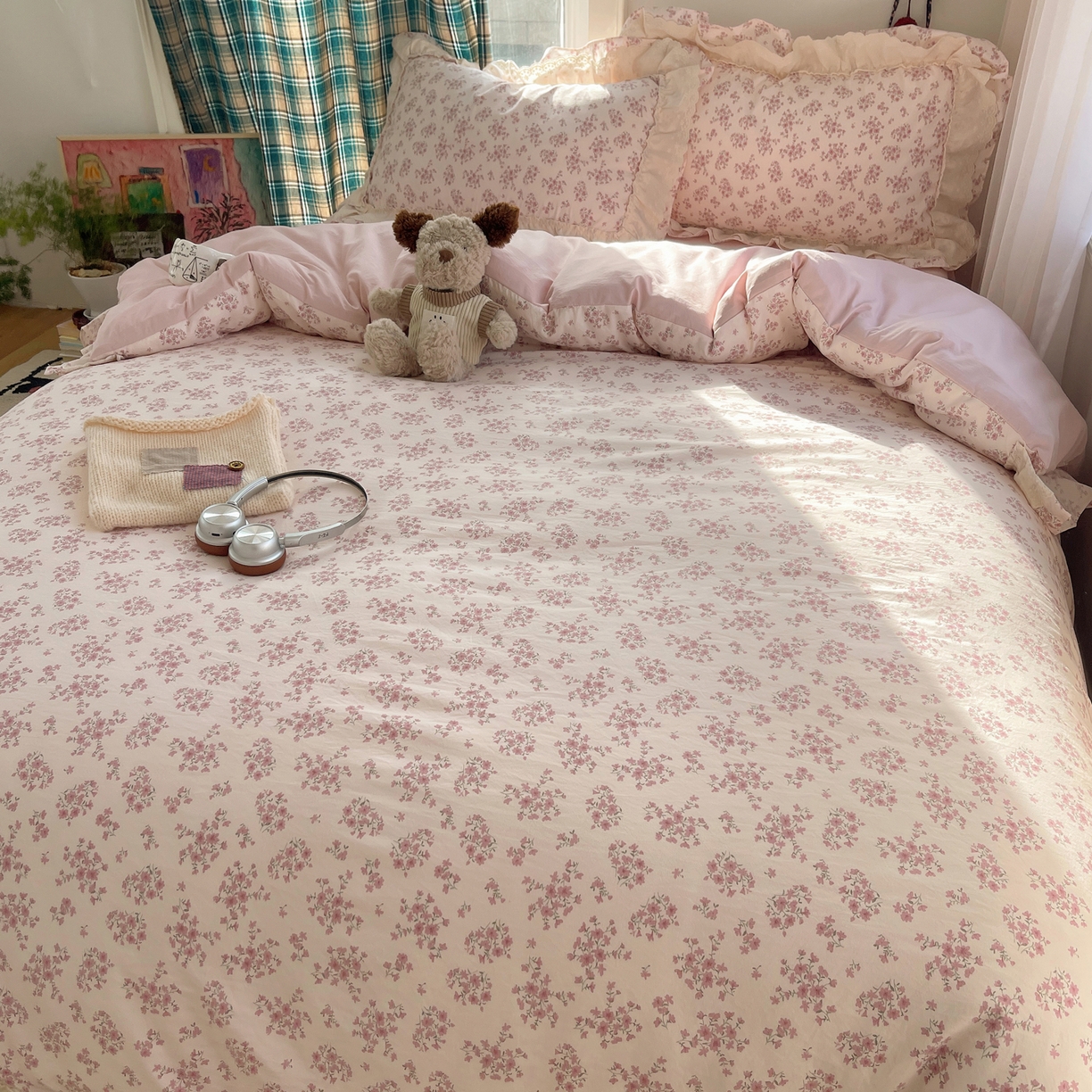 91家纺网 家纺一手货源 找家纺 韩都家居 2026春夏新款古法仿棉蕾丝花边四件套 粉糯花眠