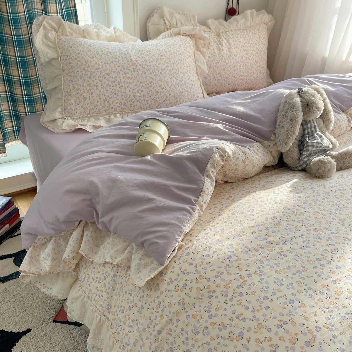 91家纺网 家纺一手货源 找家纺 韩都家居 2026春夏新款古法仿棉蕾丝花边四件套 芋泥碎花