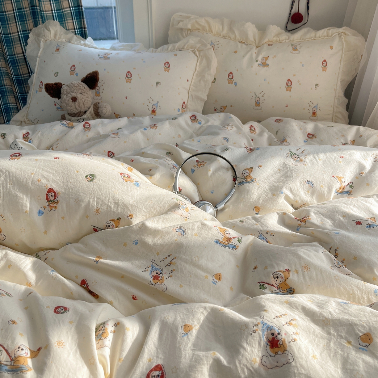 91家纺网 家纺一手货源 找家纺 韩都家居 2026春夏新款古法仿棉蕾丝花边四件套 蓝调小顽家