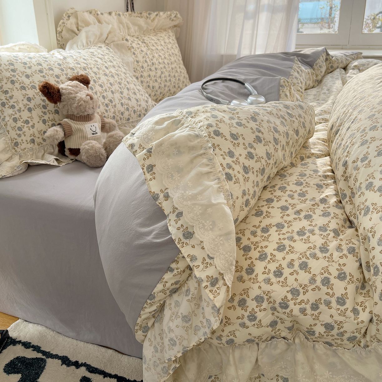 91家纺网 家纺一手货源 找家纺 韩都家居 2026春夏新款古法仿棉蕾丝花边四件套 蕾丝花漾