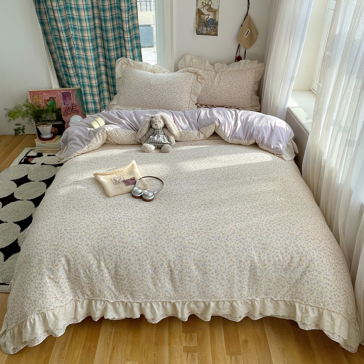 91家纺网 家纺一手货源 找家纺 韩都家居 2026春夏新款古法仿棉蕾丝花边四件套 芋泥碎花