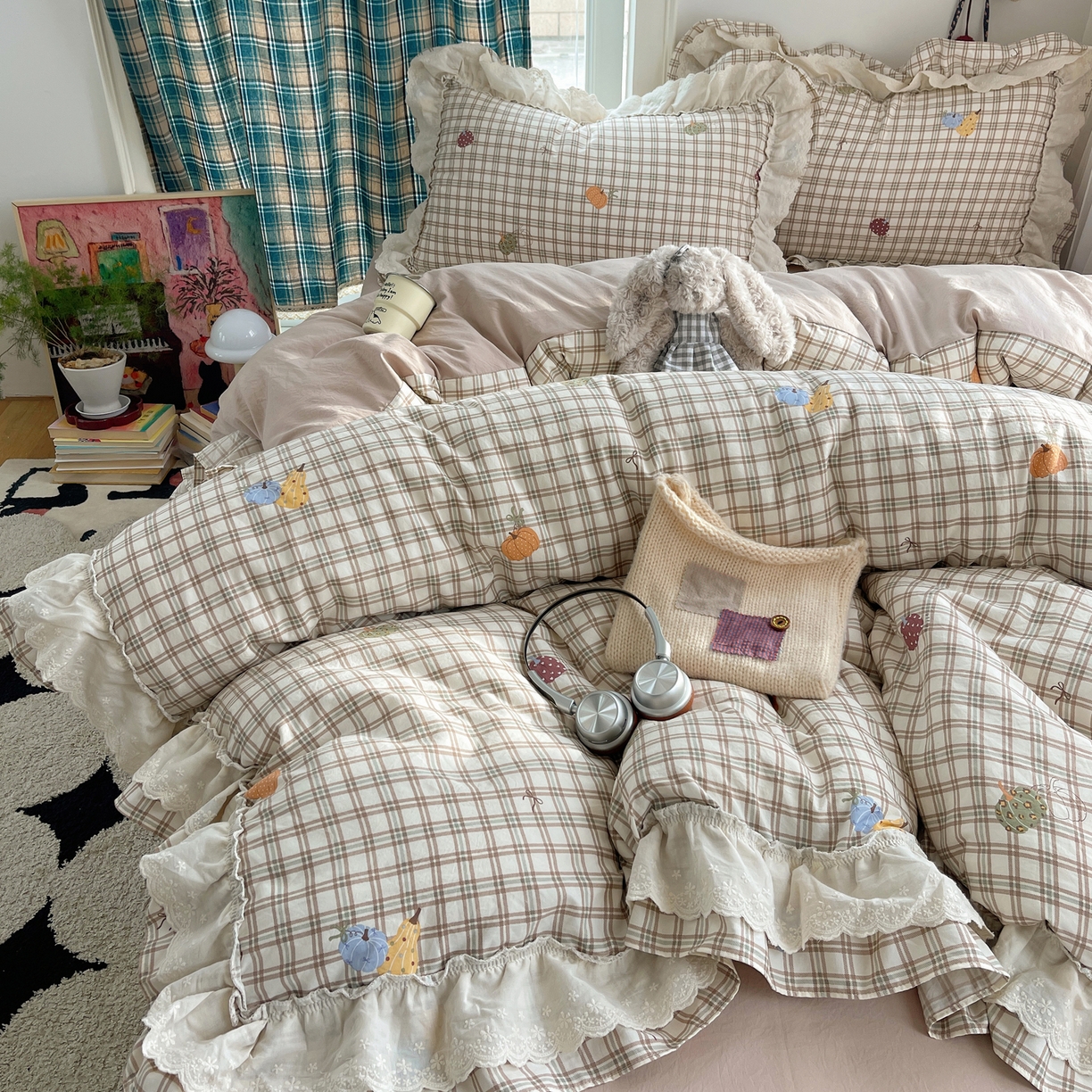 91家纺网 家纺一手货源 找家纺 韩都家居 2026春夏新款古法仿棉蕾丝花边四件套 花边南瓜