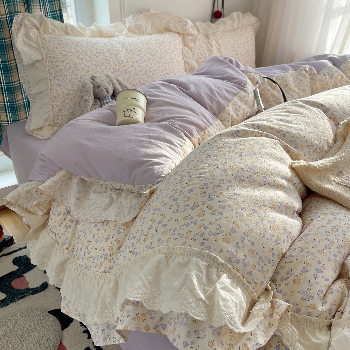 91家纺网 家纺一手货源 找家纺 韩都家居 2026春夏新款古法仿棉蕾丝花边四件套 芋泥碎花