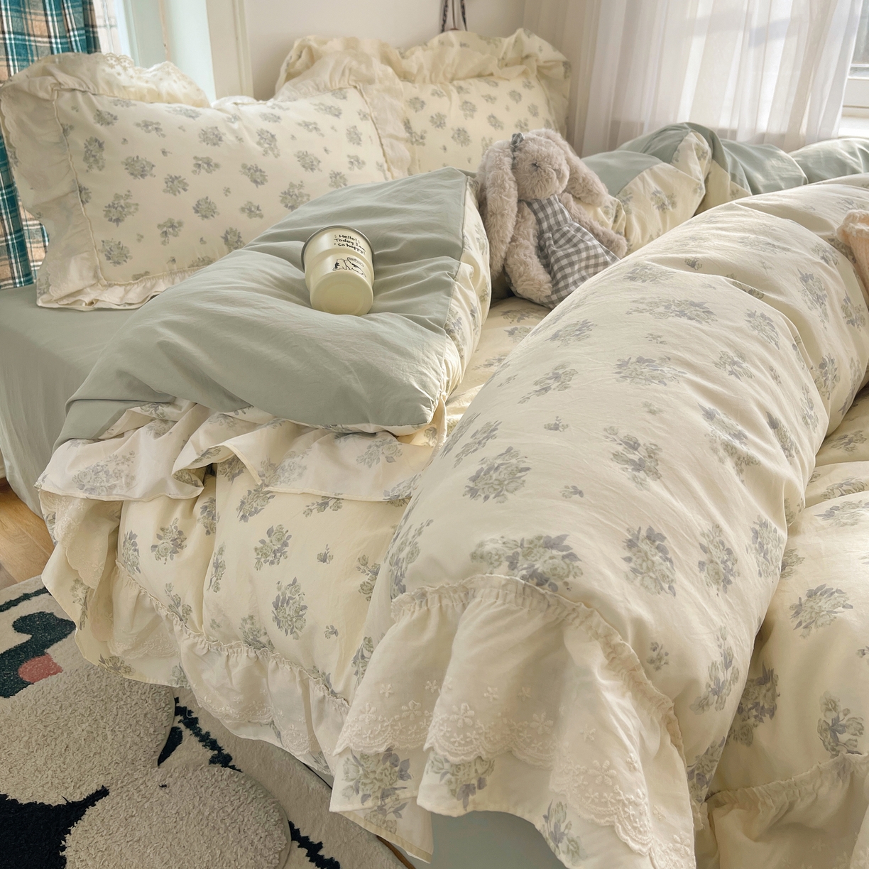 韩都家居 2026春夏新款古法仿棉蕾丝花边四件套 青提碎花