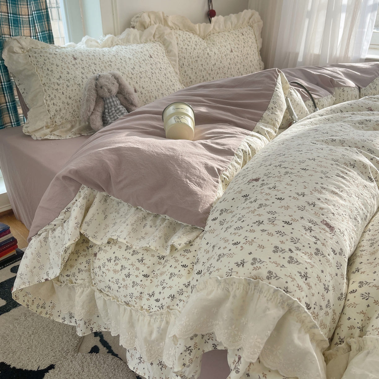 91家纺网 家纺一手货源 找家纺 韩都家居 2026春夏新款古法仿棉蕾丝花边四件套 奶杏蔷薇