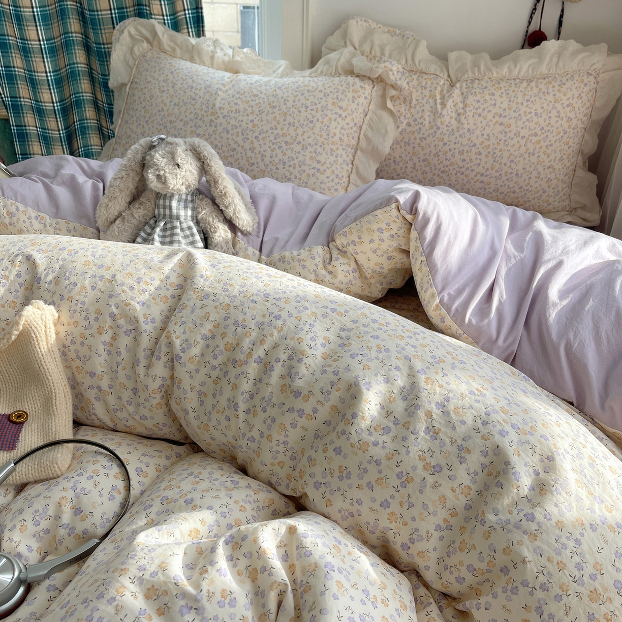 91家纺网 家纺一手货源 找家纺 韩都家居 2026春夏新款古法仿棉蕾丝花边四件套 芋泥碎花