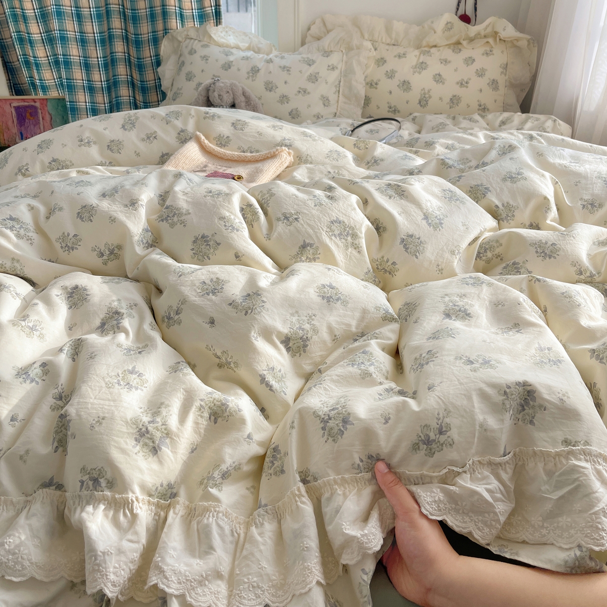 91家纺网 家纺一手货源 找家纺 韩都家居 2026春夏新款古法仿棉蕾丝花边四件套 青提碎花