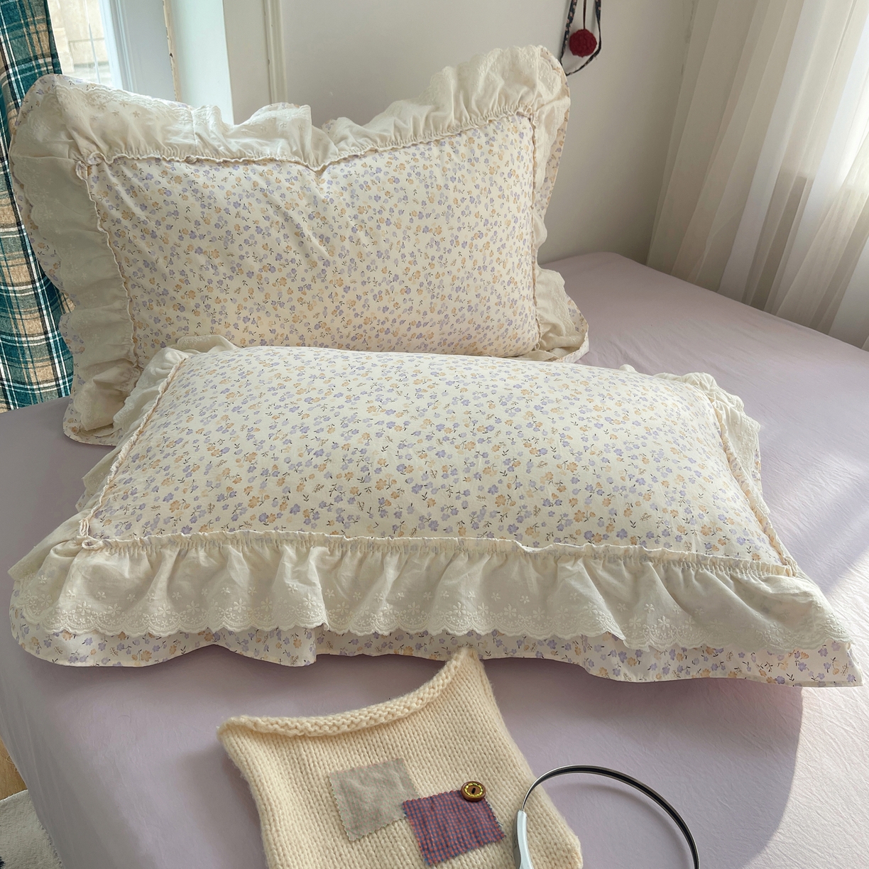 91家纺网 家纺一手货源 找家纺 韩都家居 2026春夏新款古法仿棉蕾丝花边四件套 芋泥碎花