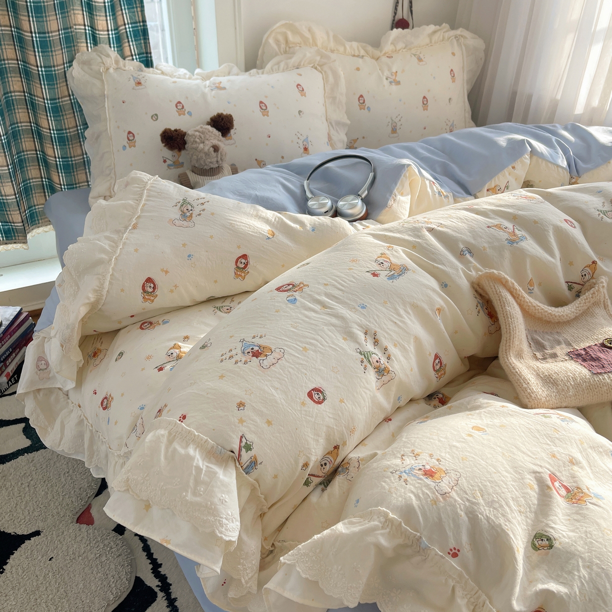 91家纺网 家纺一手货源 找家纺 韩都家居 2026春夏新款古法仿棉蕾丝花边四件套 蓝调小顽家