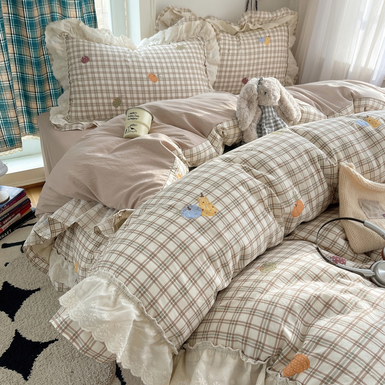 91家纺网 家纺一手货源 找家纺 韩都家居 2026春夏新款古法仿棉蕾丝花边四件套 花边南瓜