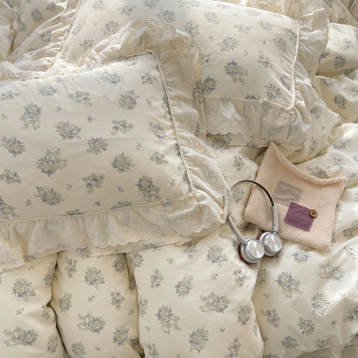 91家纺网 家纺一手货源 找家纺 韩都家居 2026春夏新款古法仿棉蕾丝花边四件套 青提碎花