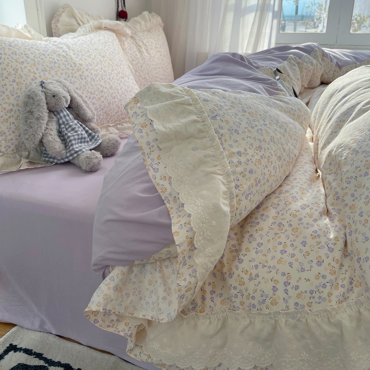 91家纺网 家纺一手货源 找家纺 韩都家居 2026春夏新款古法仿棉蕾丝花边四件套 芋泥碎花