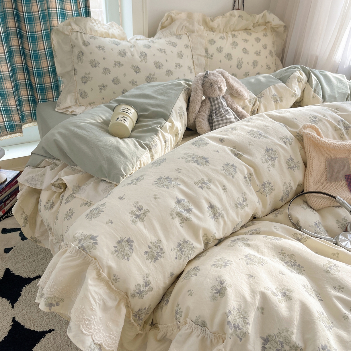 91家纺网 家纺一手货源 找家纺 韩都家居 2026春夏新款古法仿棉蕾丝花边四件套 青提碎花