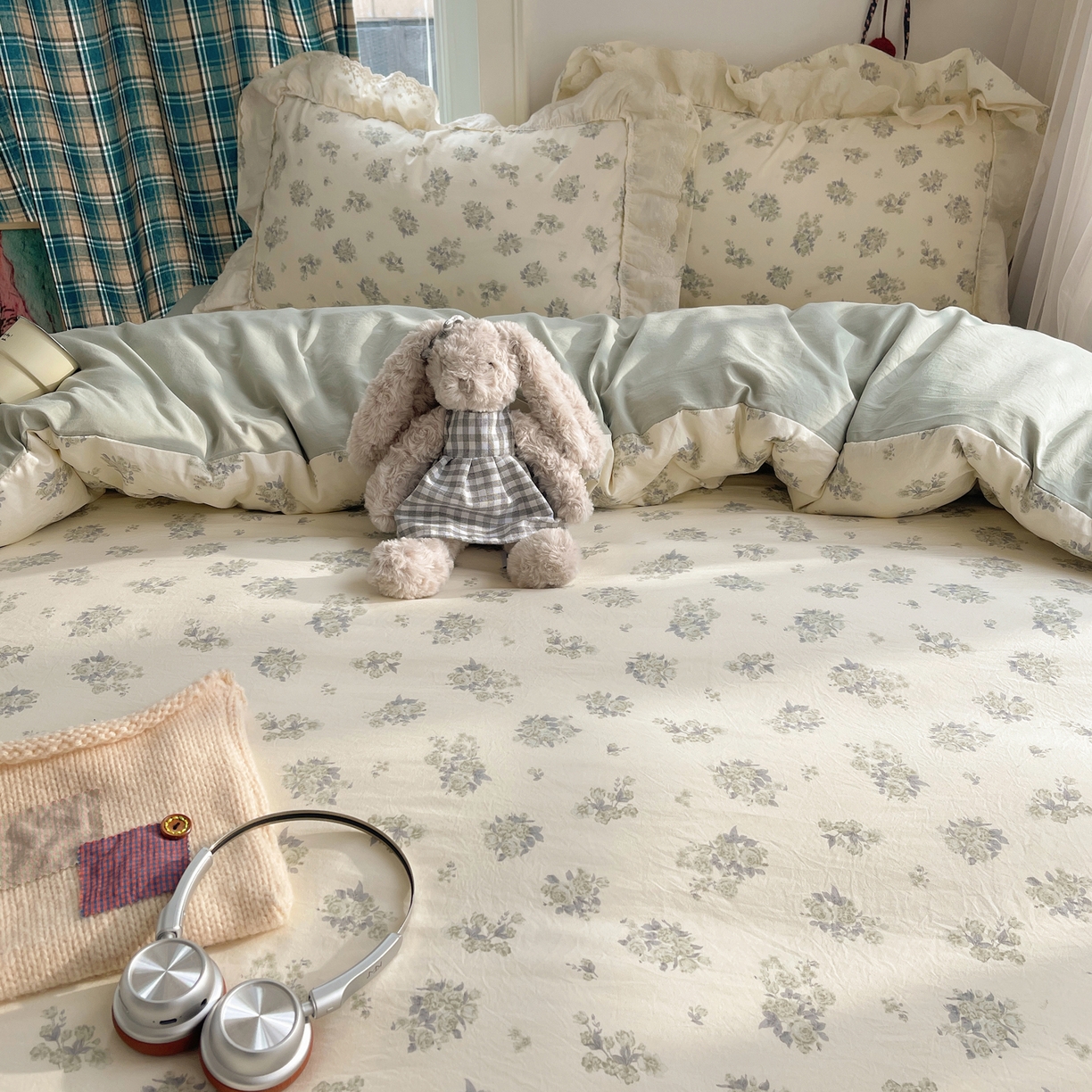 91家纺网 家纺一手货源 找家纺 韩都家居 2026春夏新款古法仿棉蕾丝花边四件套 青提碎花