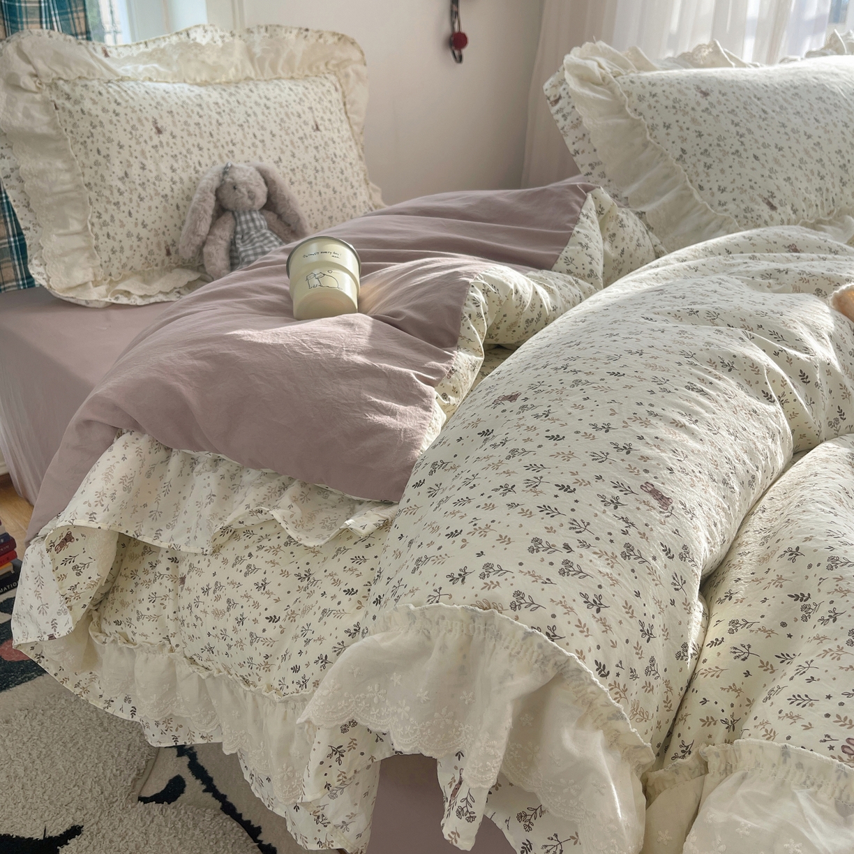 韩都家居 2026春夏新款古法仿棉蕾丝花边四件套 奶杏蔷薇