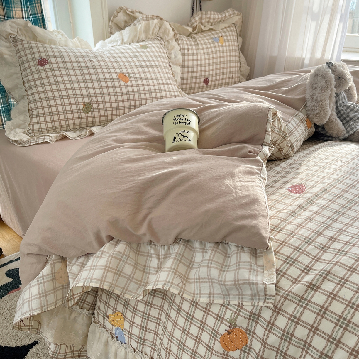 91家纺网 家纺一手货源 找家纺 韩都家居 2026春夏新款古法仿棉蕾丝花边四件套 花边南瓜