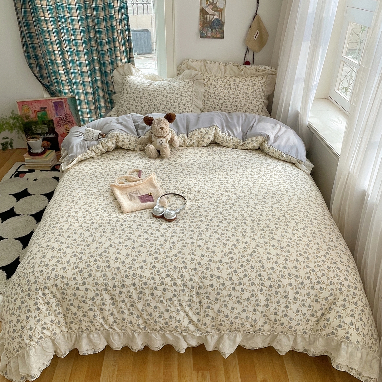 91家纺网 家纺一手货源 找家纺 韩都家居 2026春夏新款古法仿棉蕾丝花边四件套 蕾丝花漾