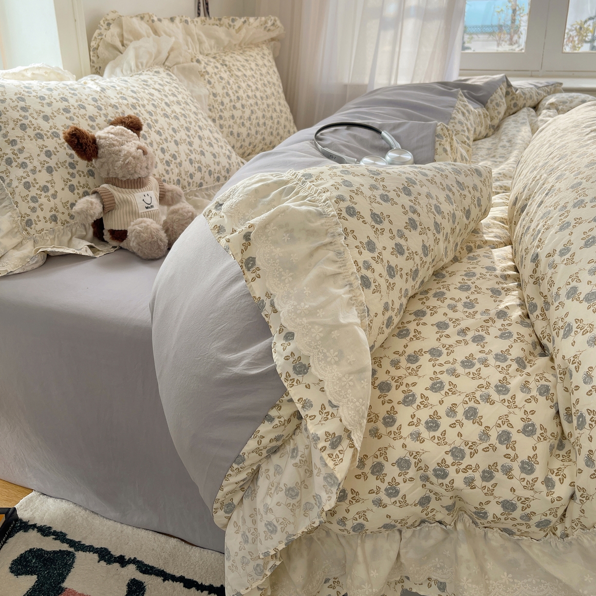 91家纺网 家纺一手货源 找家纺 韩都家居 2026春夏新款古法仿棉蕾丝花边四件套 蕾丝花漾