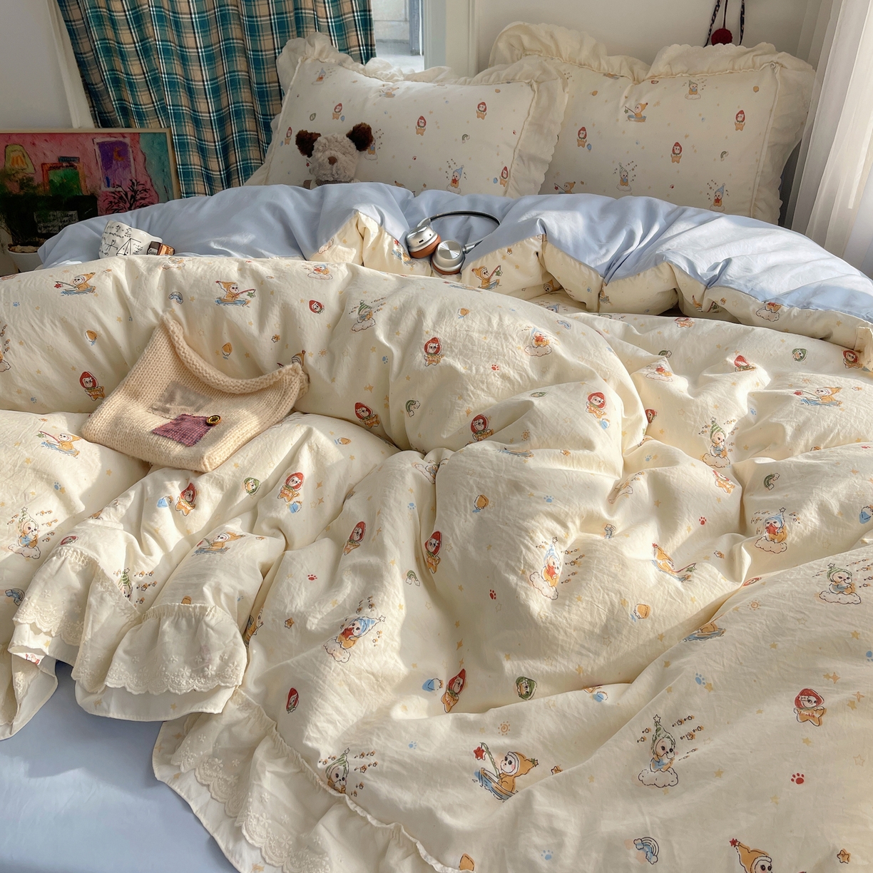 91家纺网 家纺一手货源 找家纺 韩都家居 2026春夏新款古法仿棉蕾丝花边四件套 蓝调小顽家