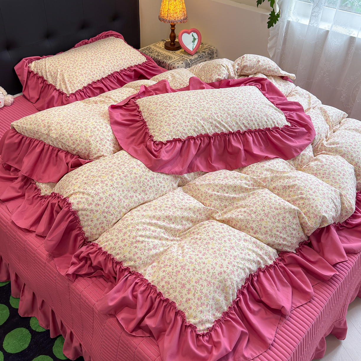 91家纺网 家纺一手货源 找家纺 （总）赫梵茜 2026新款韩系古法韩国水洗棉仿棉云感棉大布袋法式浪漫大花边床盖四件套