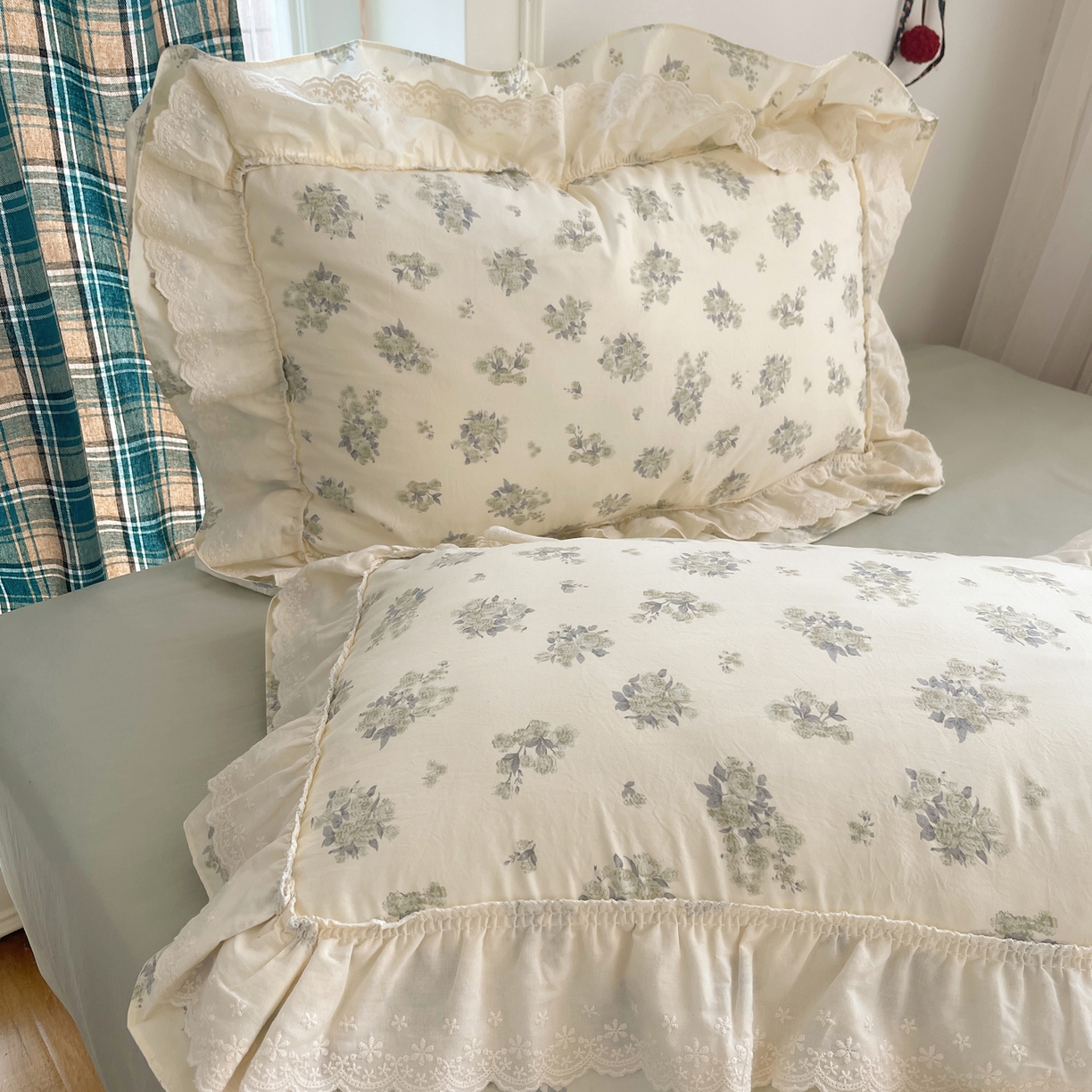 91家纺网 家纺一手货源 找家纺 韩都家居 2026春夏新款古法仿棉蕾丝花边四件套 青提碎花