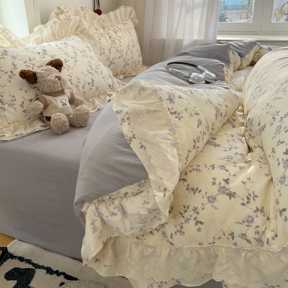 91家纺网 家纺一手货源 找家纺 韩都家居 2026春夏新款古法仿棉蕾丝花边四件套 雾里蔷薇