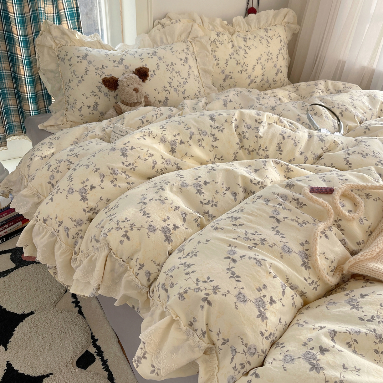 91家纺网 家纺一手货源 找家纺 韩都家居 2026春夏新款古法仿棉蕾丝花边四件套 雾里蔷薇