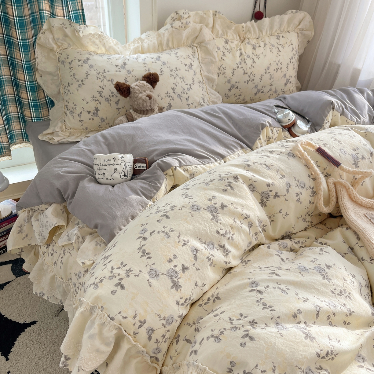 91家纺网 家纺一手货源 找家纺 韩都家居 2026春夏新款古法仿棉蕾丝花边四件套 雾里蔷薇