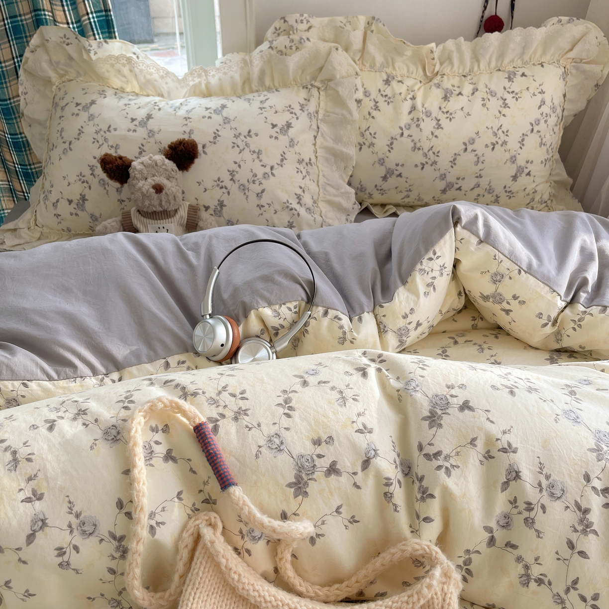 91家纺网 家纺一手货源 找家纺 韩都家居 2026春夏新款古法仿棉蕾丝花边四件套 雾里蔷薇