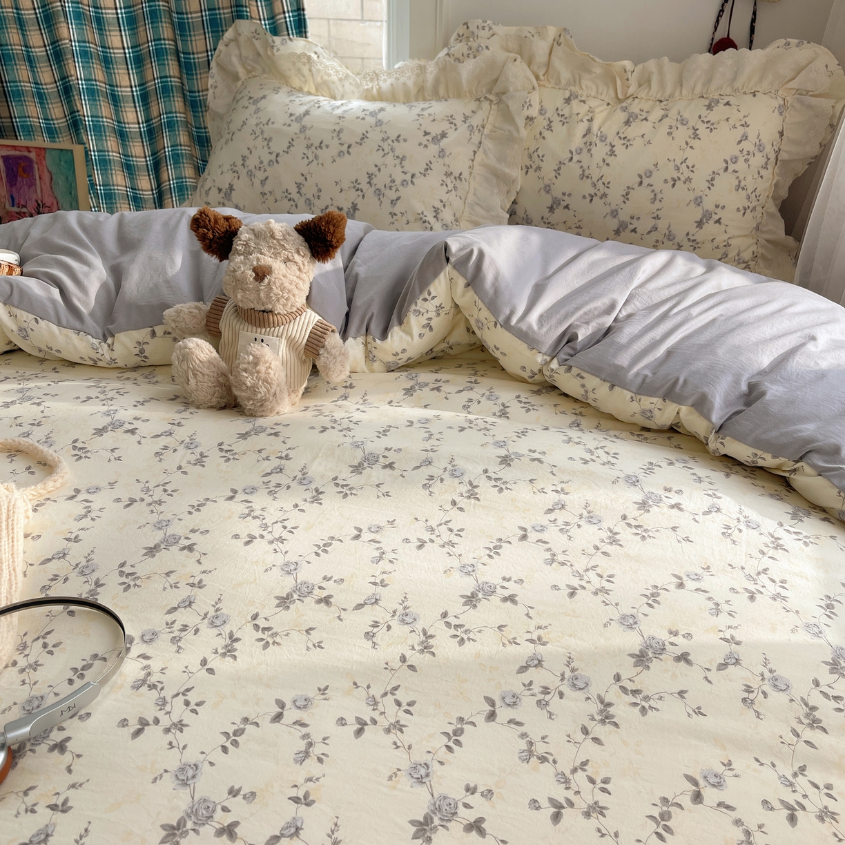 91家纺网 家纺一手货源 找家纺 韩都家居 2026春夏新款古法仿棉蕾丝花边四件套 雾里蔷薇